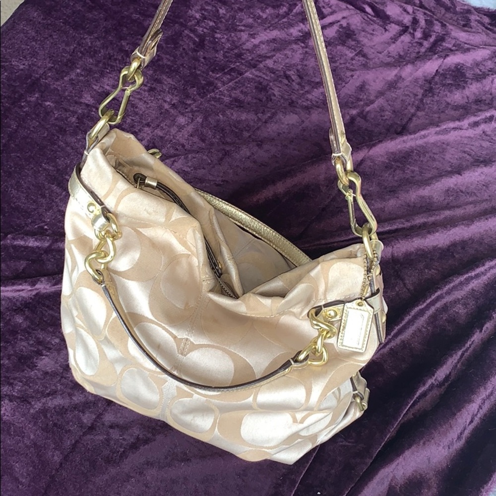 Coach Rare Brooke Signature Hobo Bag sateen Gold double strap women’s purse